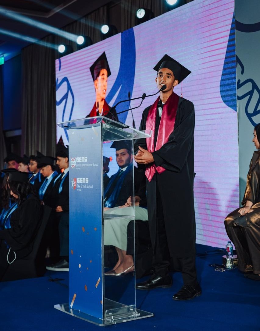 Deepesh Raj speaking at his high school graduation